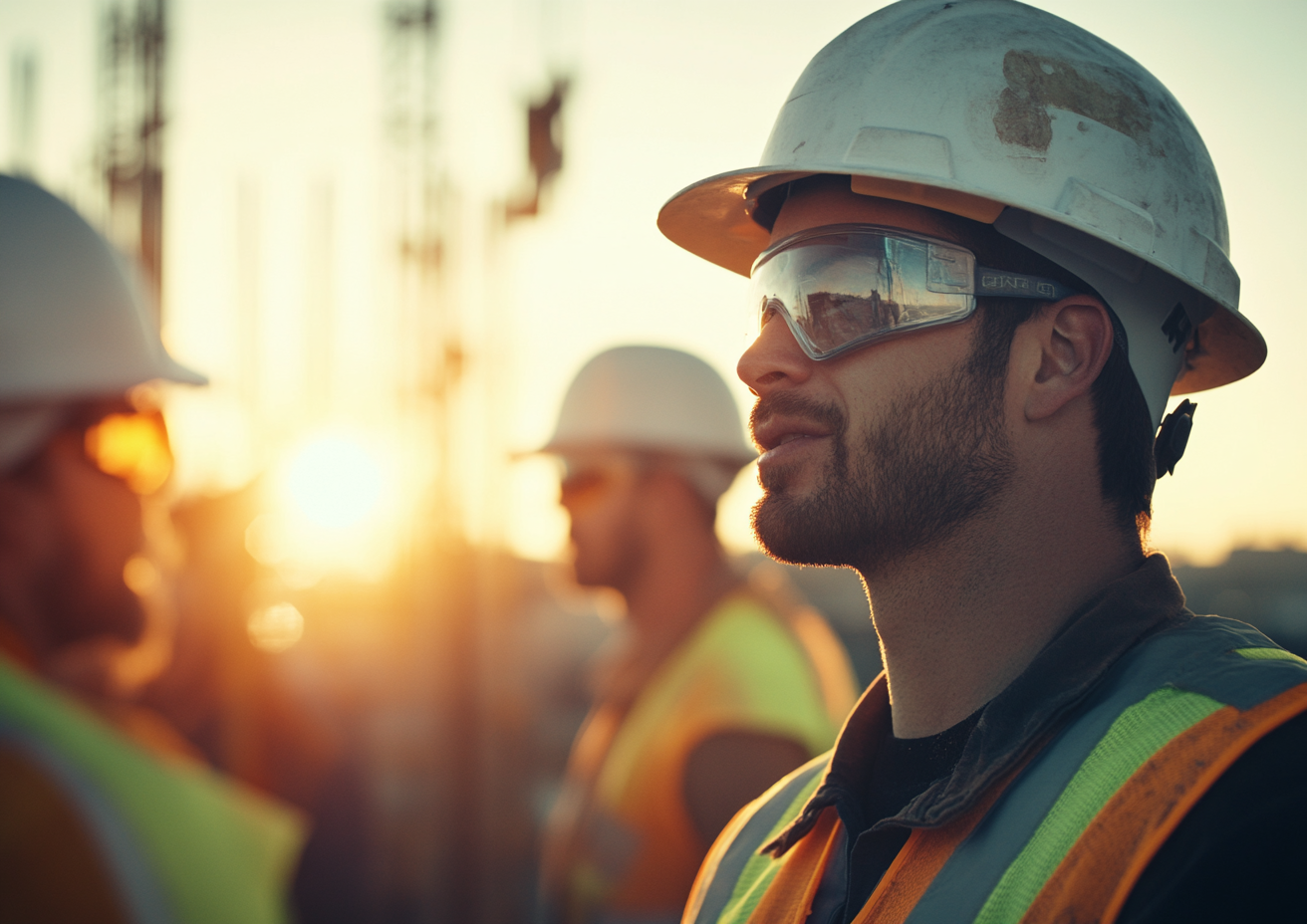 Group of young male construction workers talking with supervisor.