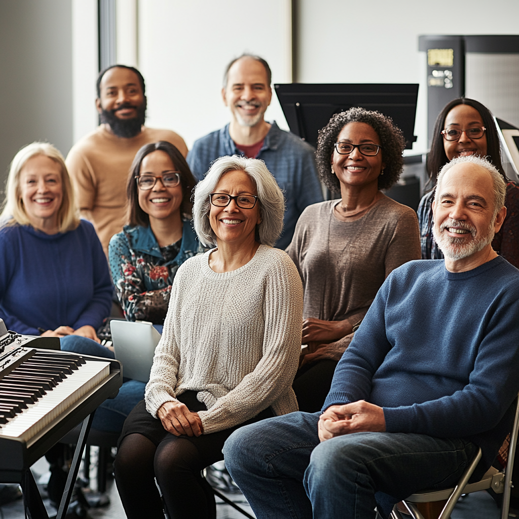 Group photo of diverse adults in music class studio.