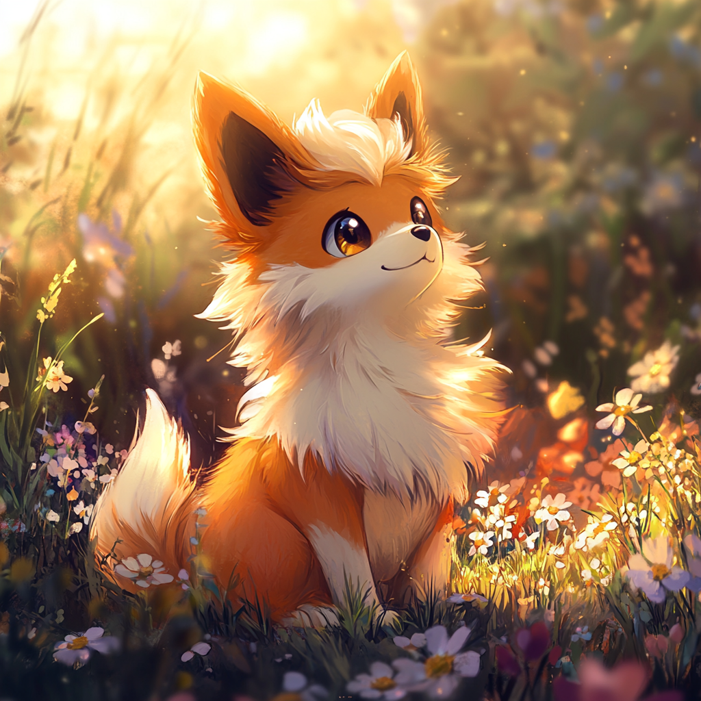 Growlithe sitting in meadow surrounded by wildflowers, fluffy fur.