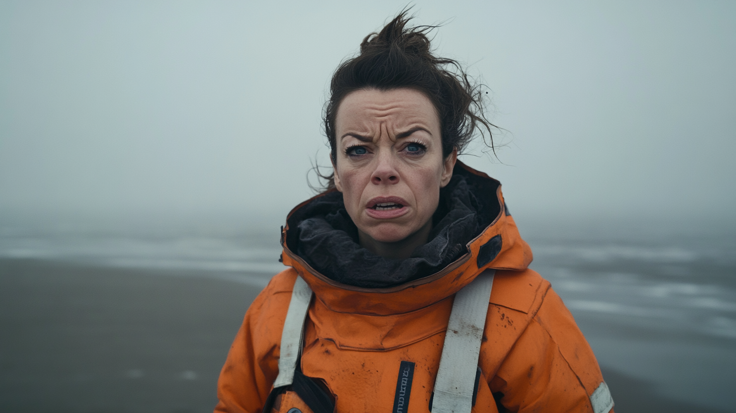 Grumpy paladin Olivia Coleman on misty beach.