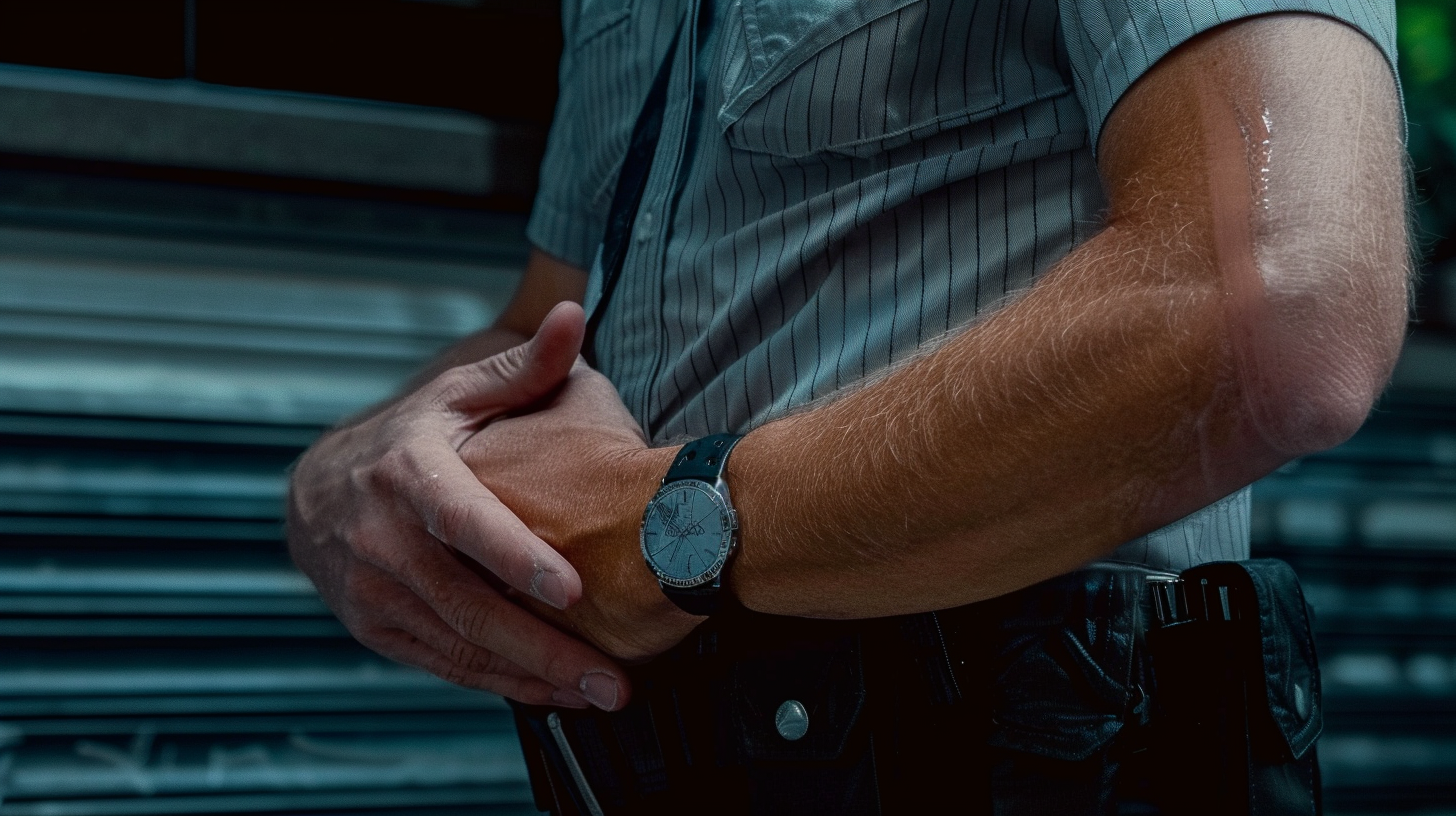 Guard's hands in pat-down inspection, intense textures and tension.