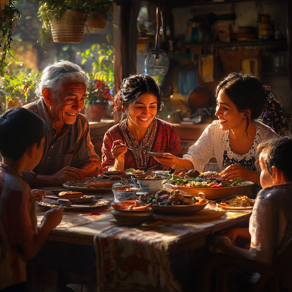 Guatemalan family joyfully eating together in cozy kitchen