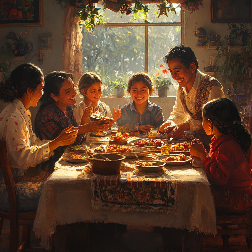 Guatemalan family shares joyful meal around table