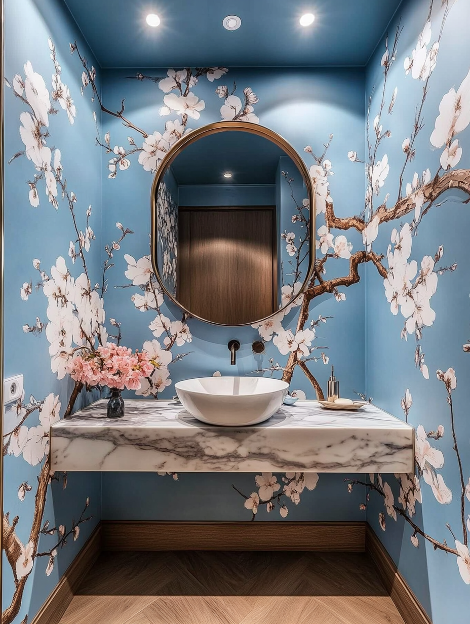 Guest WC Design Baby Blue Floral Wallpaper Marble Sink