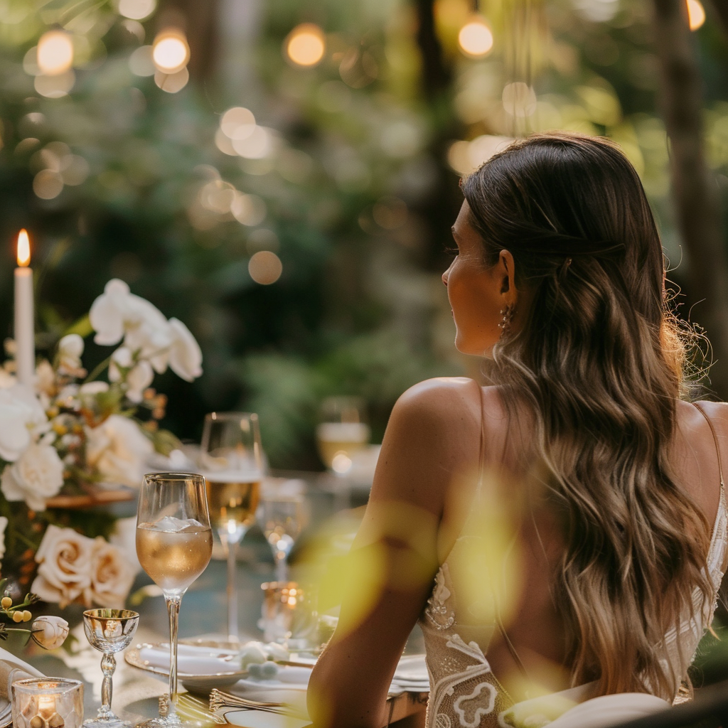 Guest sits quietly at outdoor dinner table in nature