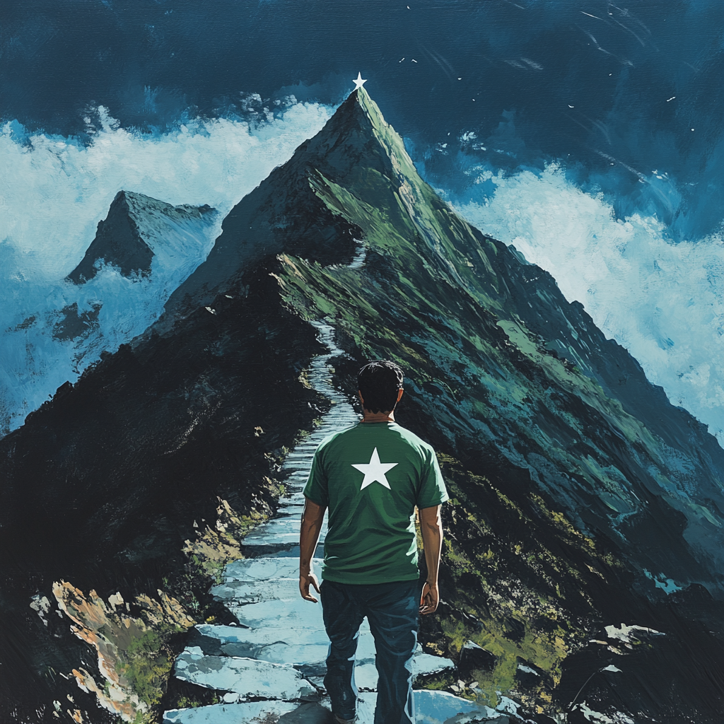 Guide in green shirt with white star climbs mountain.