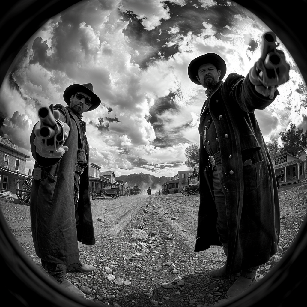 Gunfighters Face-off under Rain Clouds in Frontier Town