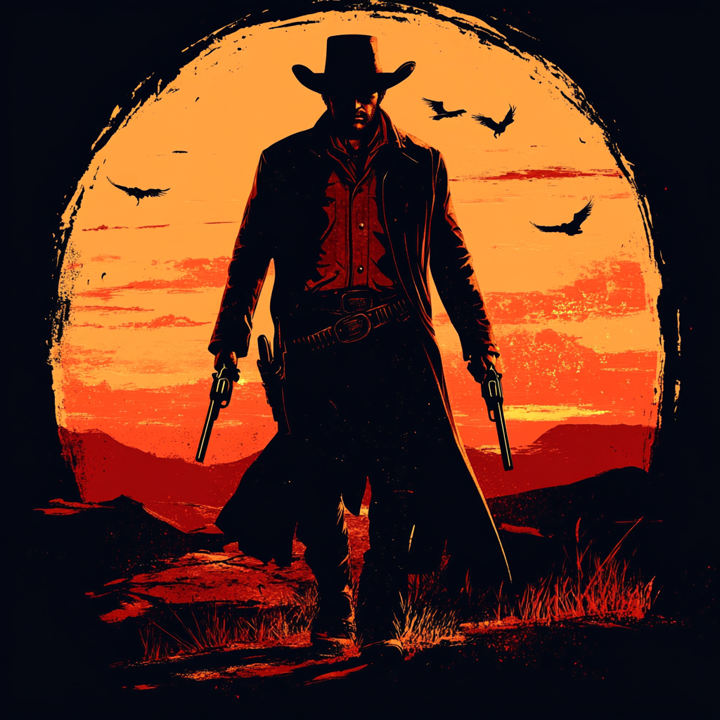 Gunslinger in sunset with revolvers and fiery sky.