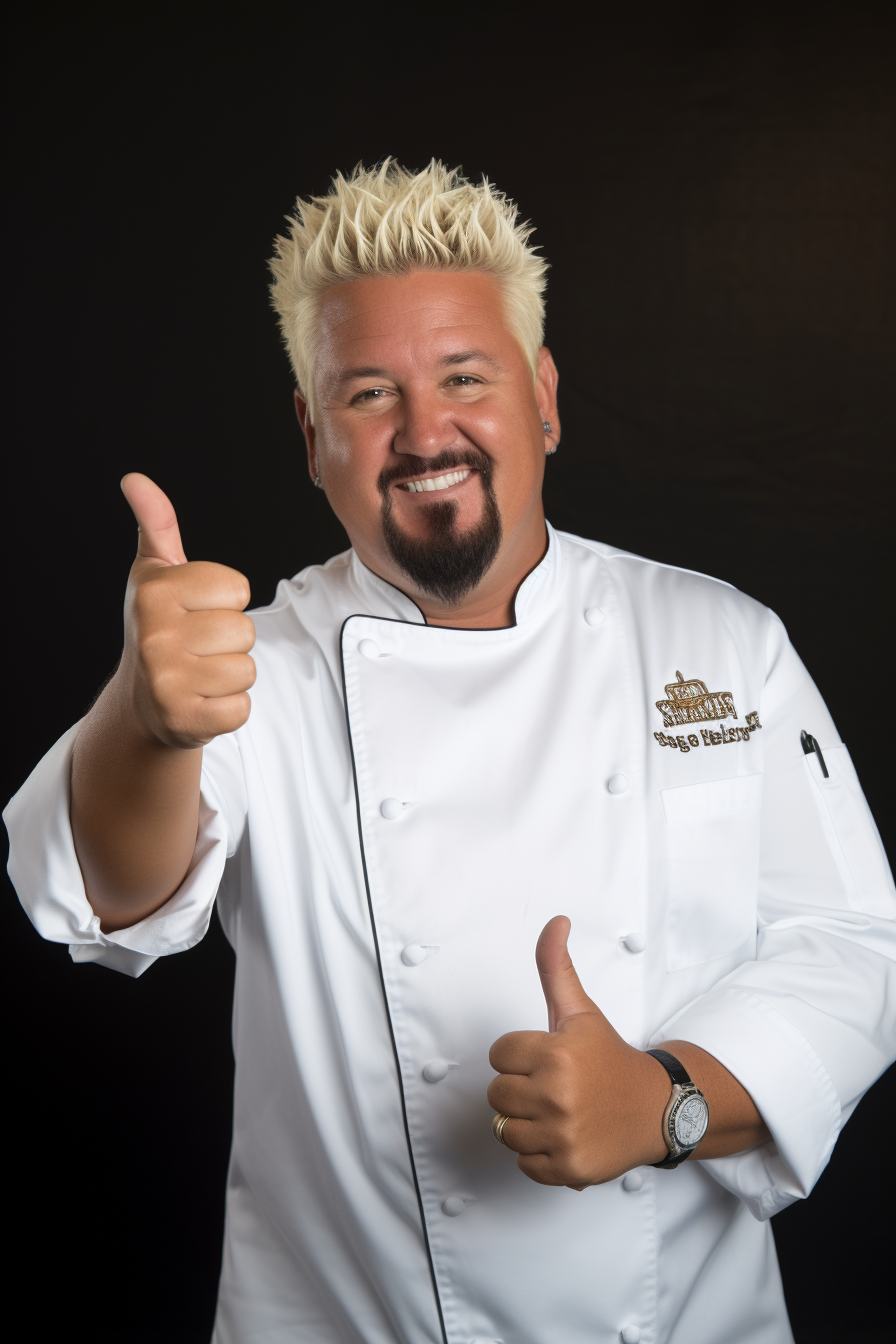 Guy Fieri in Chef Whites with Nacho Gesture 