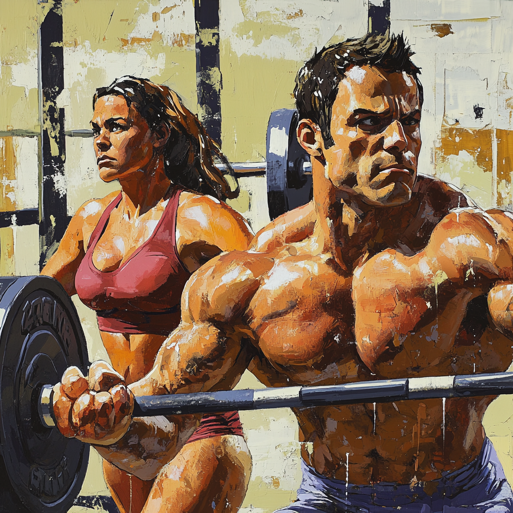 Gym scene with man and woman lifting weights.