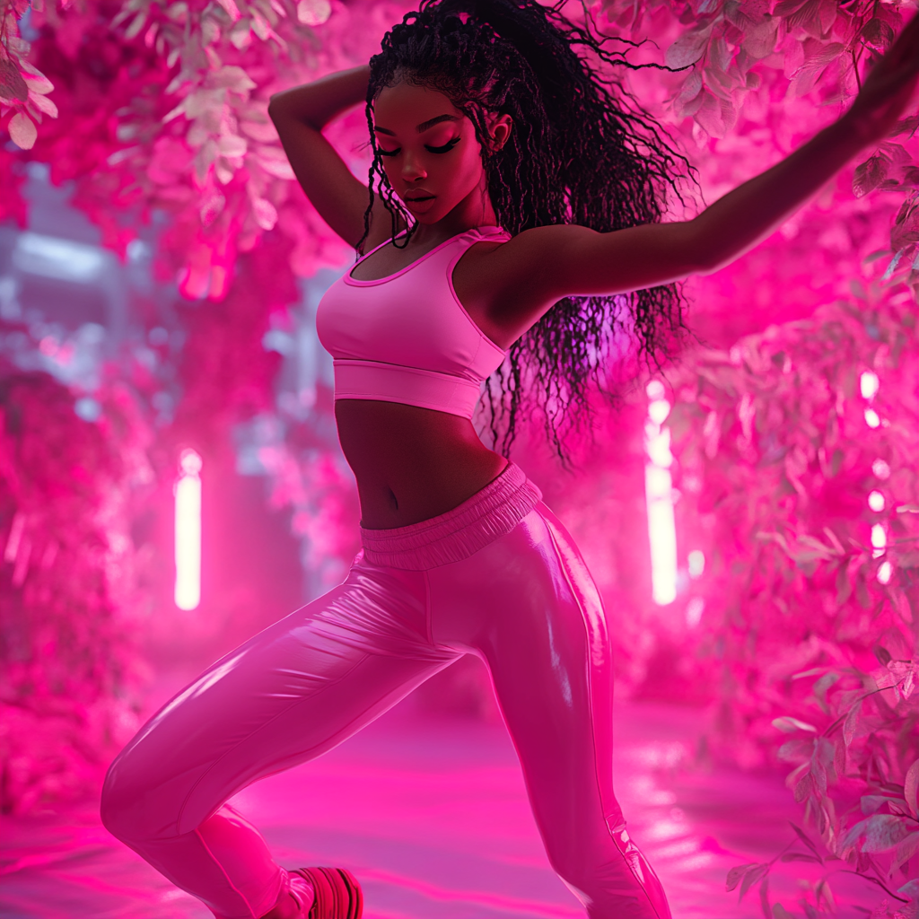 HD photo of model in PINK dancing to music.