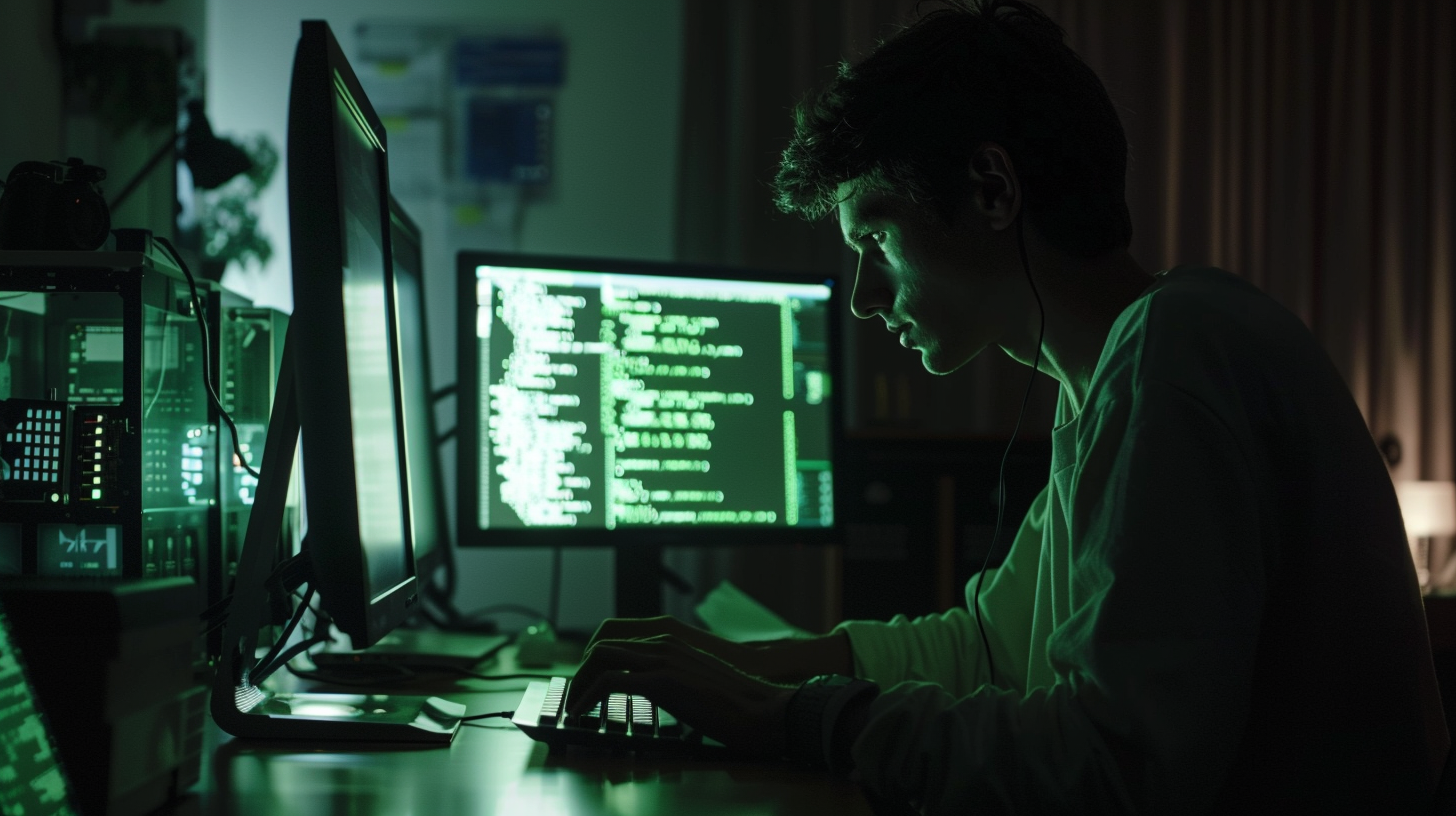 Hacker at night typing on keyboard, tech setup.