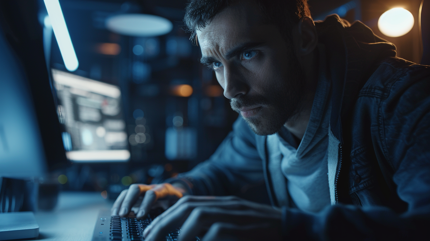 Hacker in dark office, determined, pressing keyboard button.