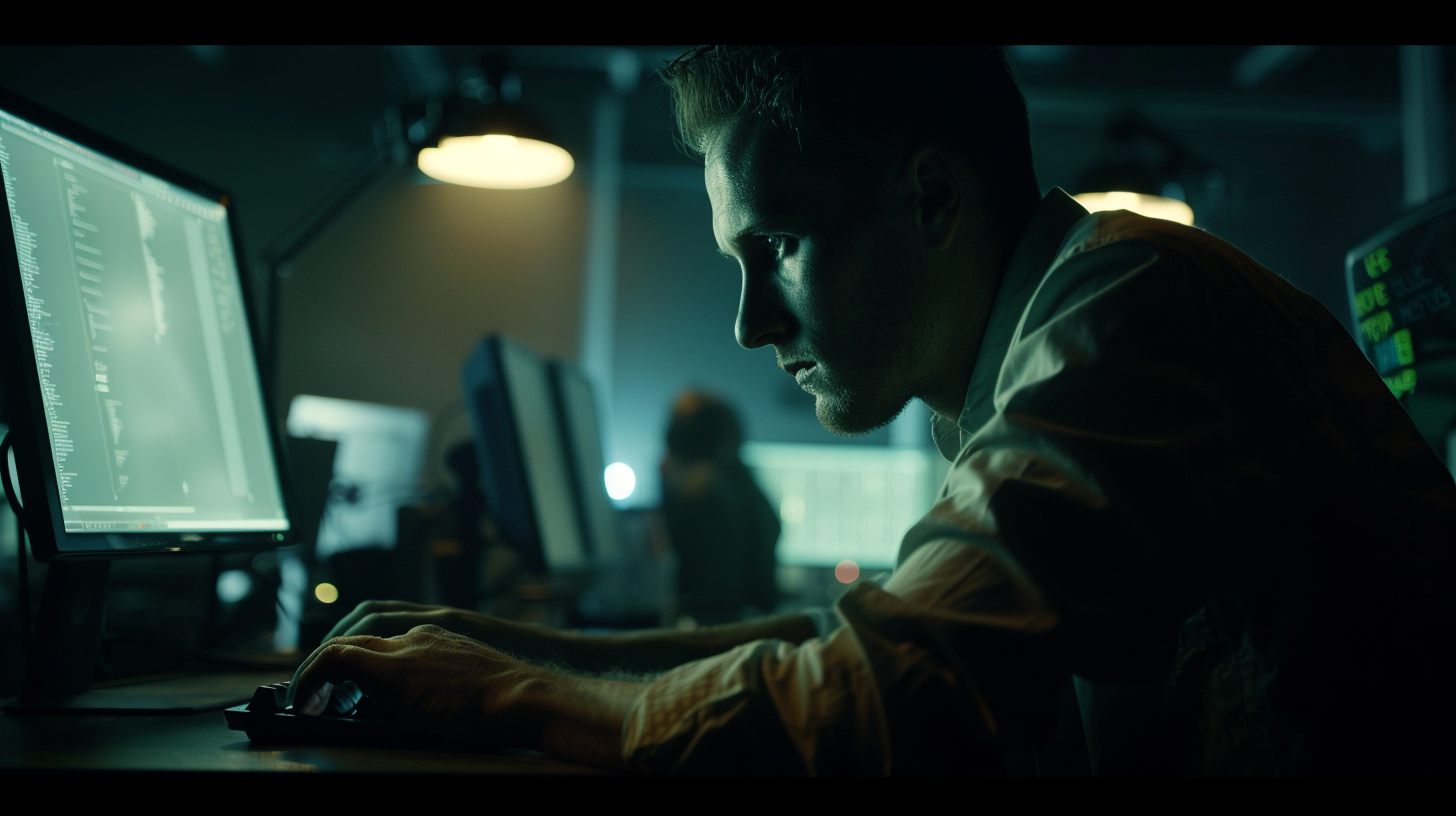 Hacker in dark office, determined expression, pressing keyboard.