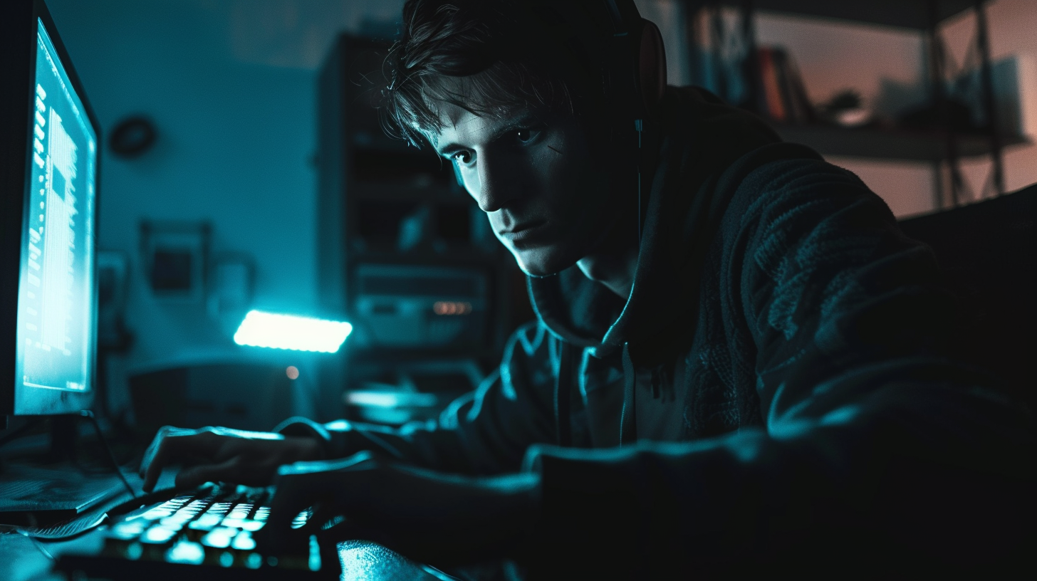 Hacker in shadowy room, pressing key on keyboard.