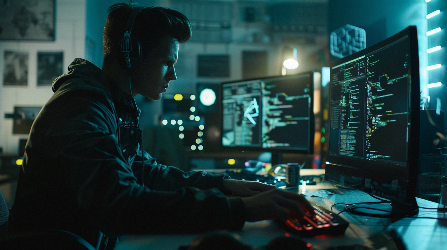 Hacker typing on keyboard, surrounded by computer screens.