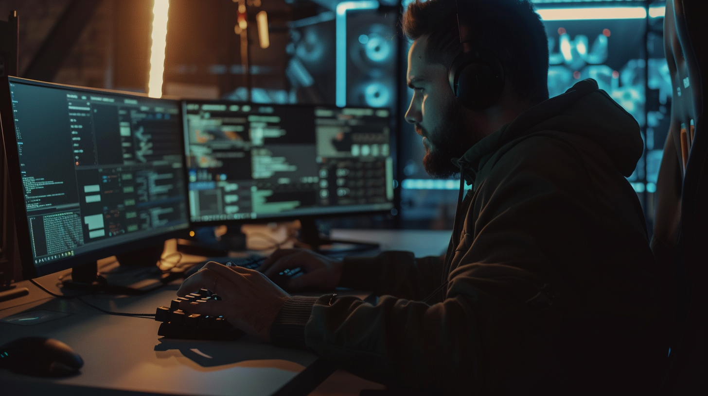 Hacker typing on keyboard in dark office setting.