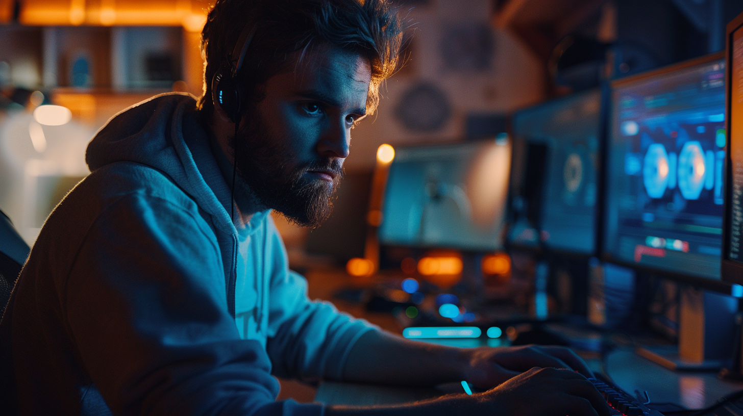 Hacker with determined face presses key on keyboard.