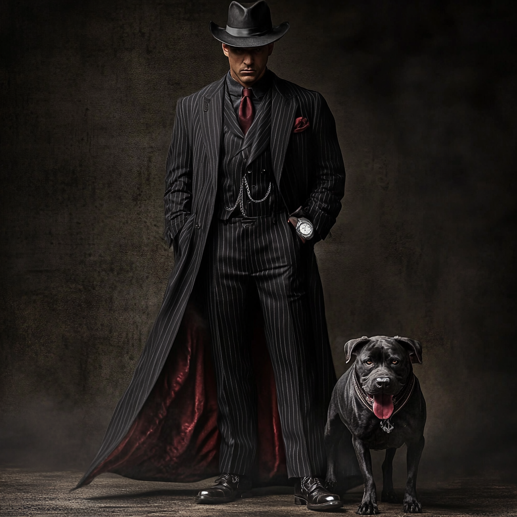 Hades as gangster in pinstripe suit with dog.