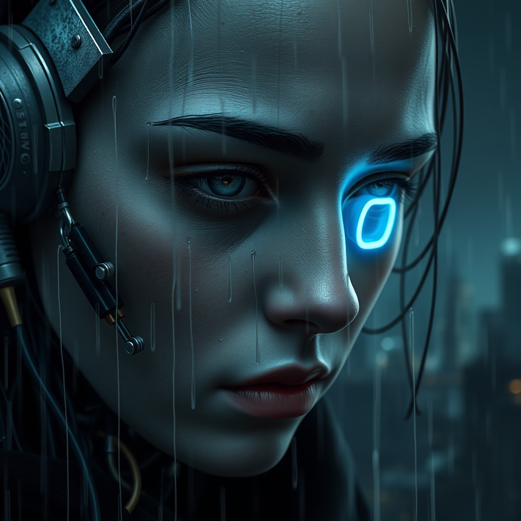 Half Human, Half Robot Portrait in Futuristic City