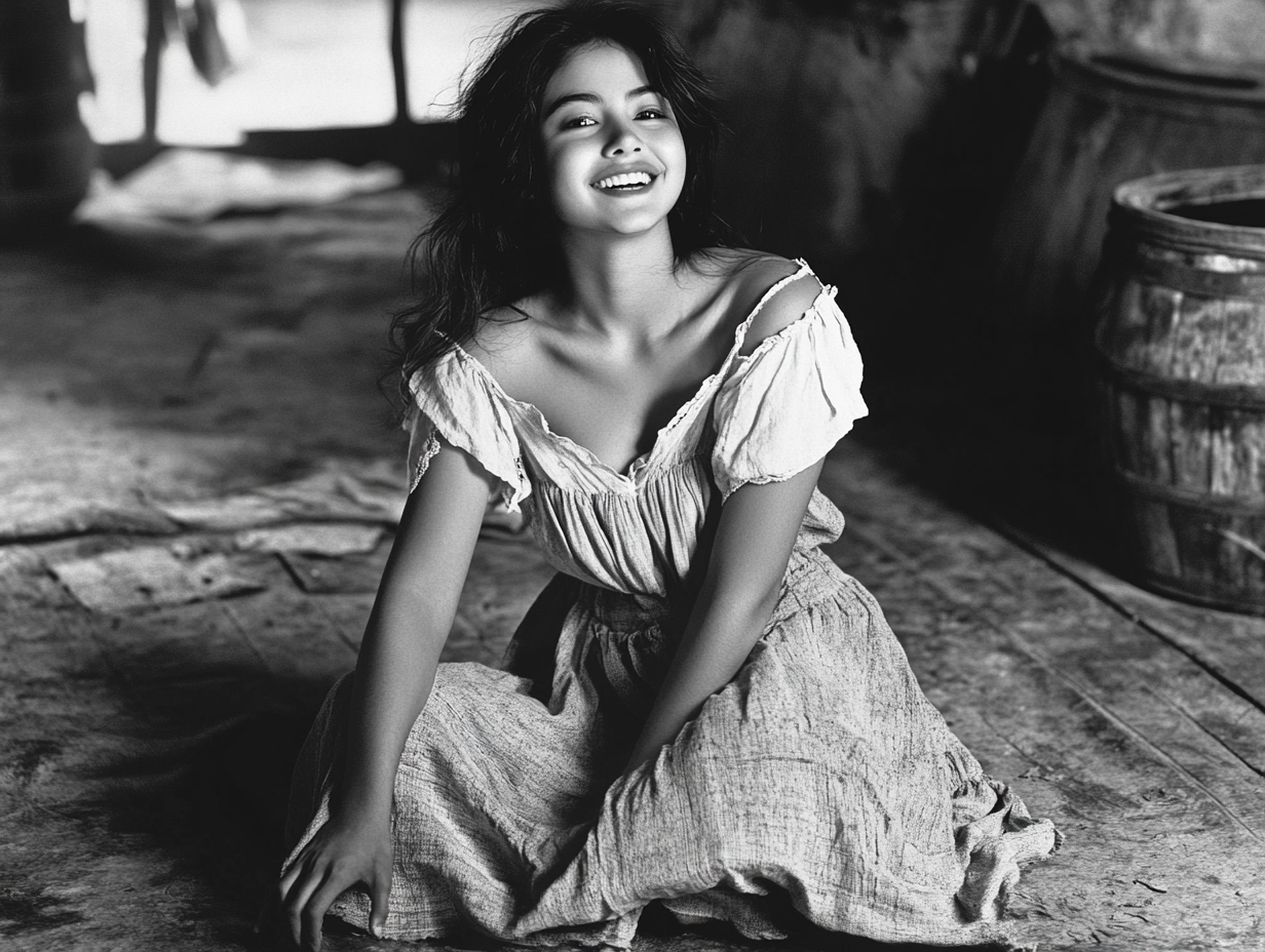 Half-Korean Selena Gomez, smiling in peasant skirt, black&white 1994.