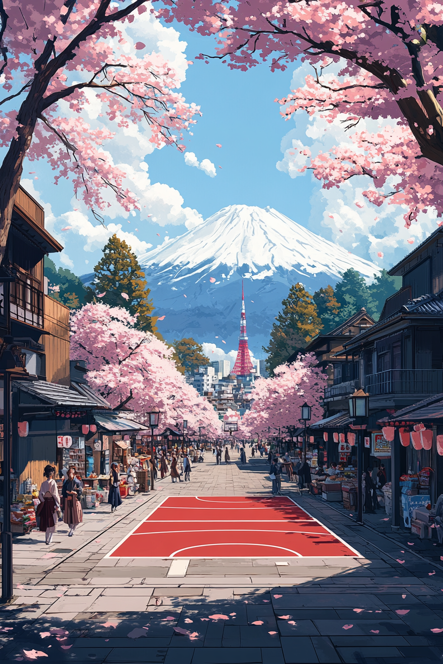 Half basketball court with Japanese flag colors, cherry blossoms.