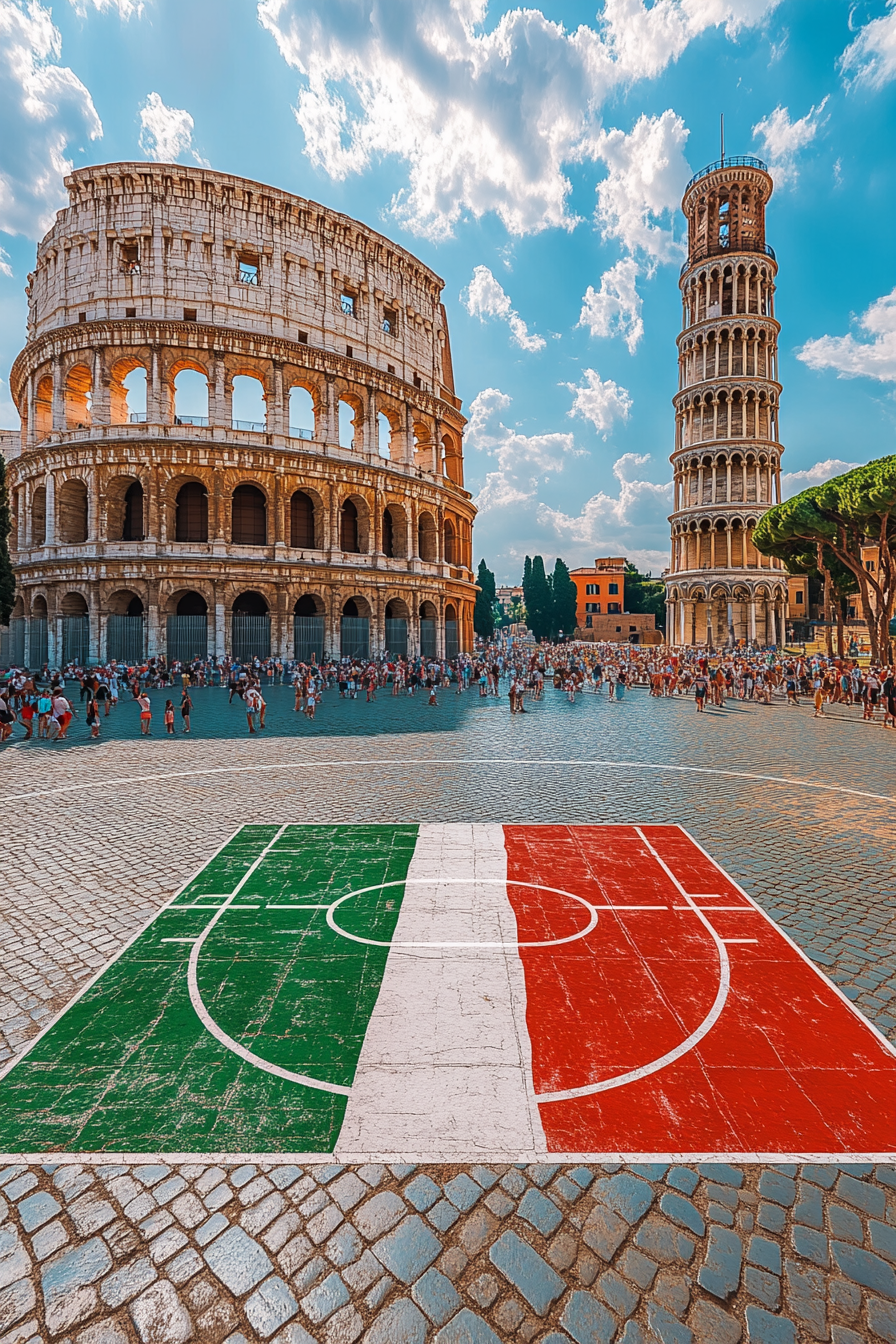 Half-court basketball scene with Italian flag backboard, landmarks.