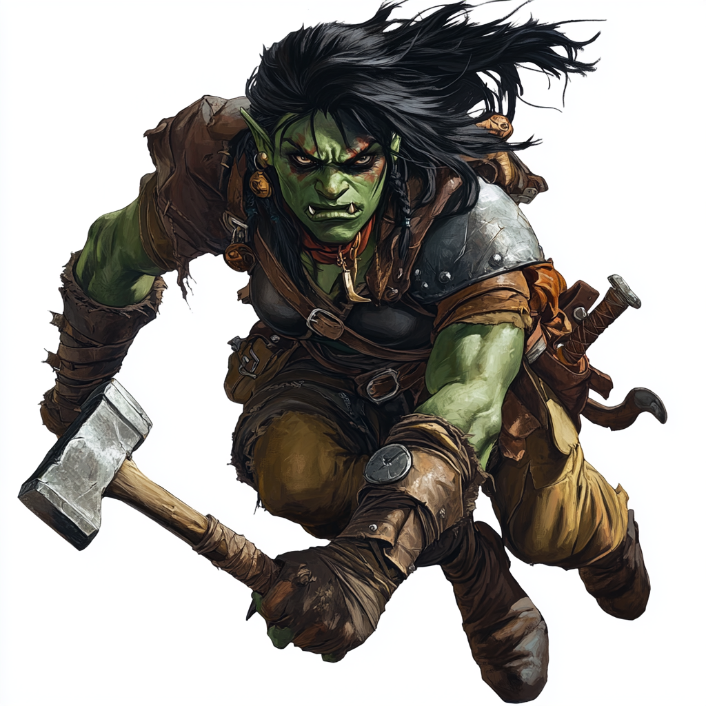 Half-orc pirate barbarian with warhammer in clear background.