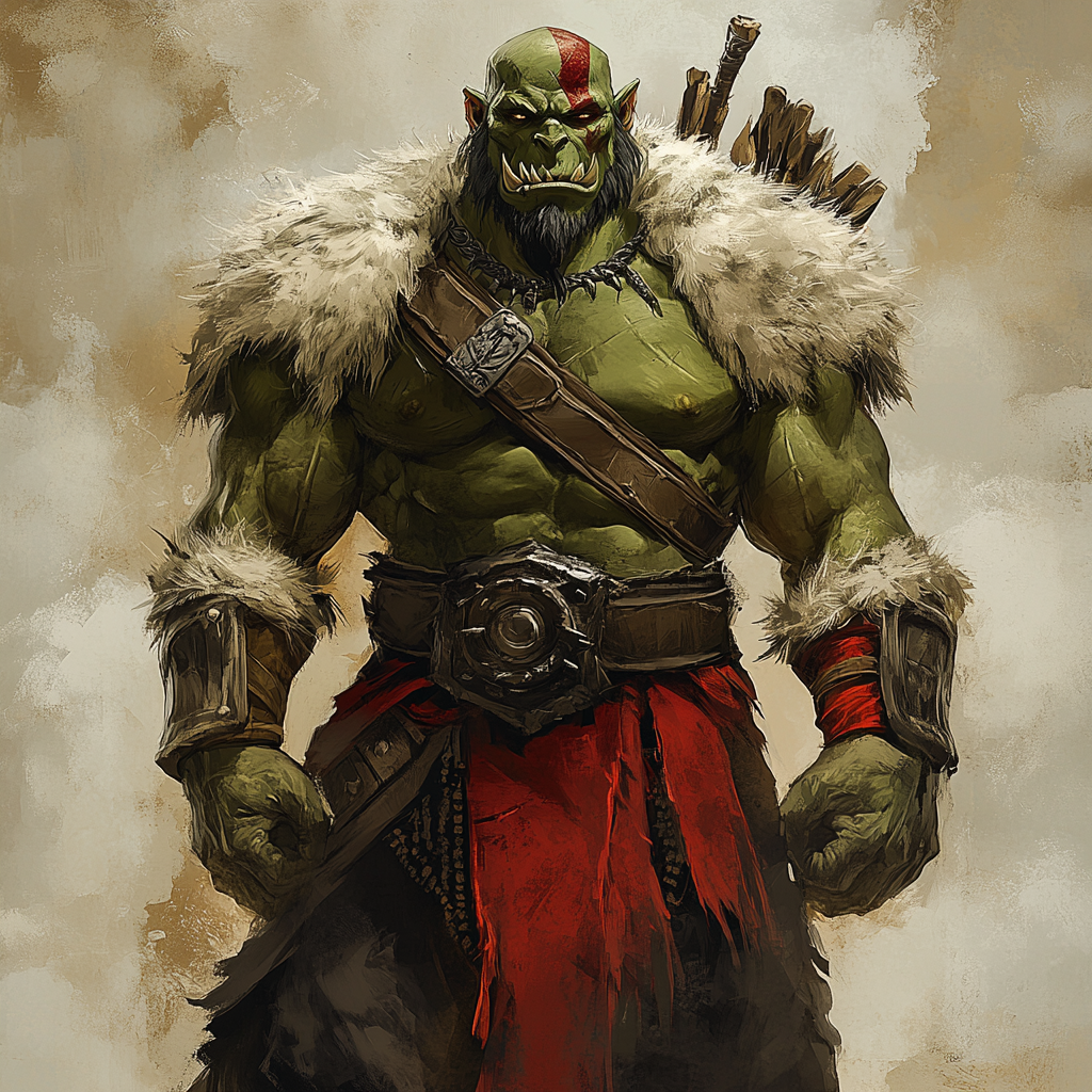 Half-orc warrior in red sashes with fur.