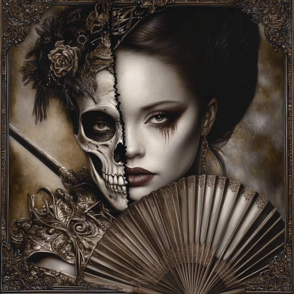 Half-skeleton half-human geisha portrait with fan and sword