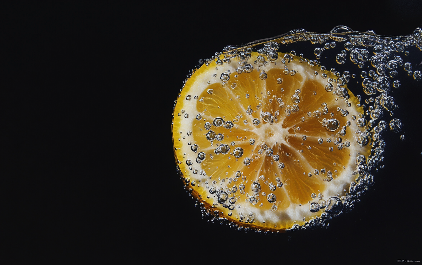 Half slice lemon in sparkling water, vibrant yellow contrast.