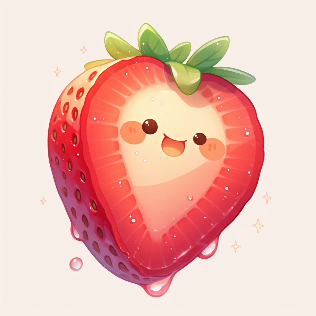 Half-strawberry sticker in cute digital artist style.