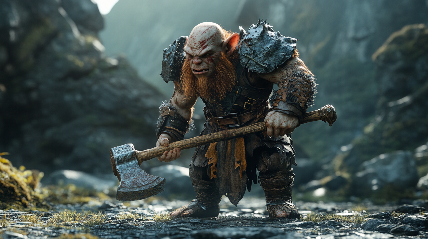 Halfling barbarian with axe in action shot, 4k.