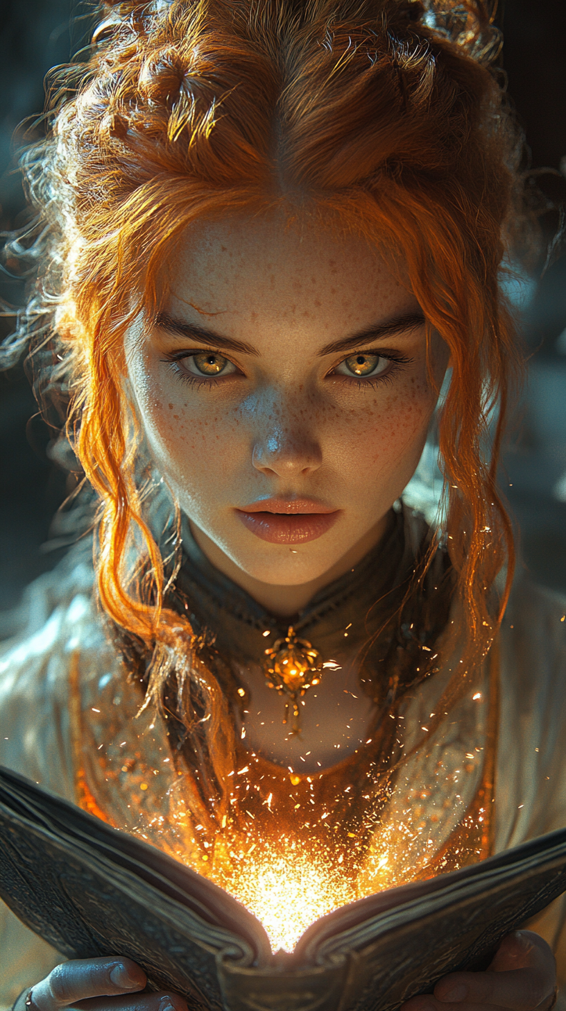 Halfling paladin with orange hair casting victorious spell portrait.