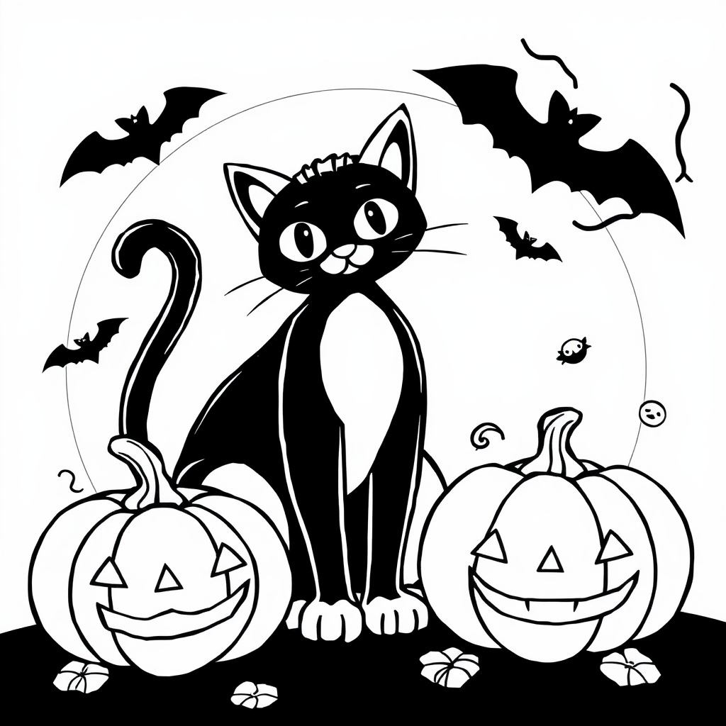 Halloween Coloring Pages with Cat and Pumpkins for Kids.