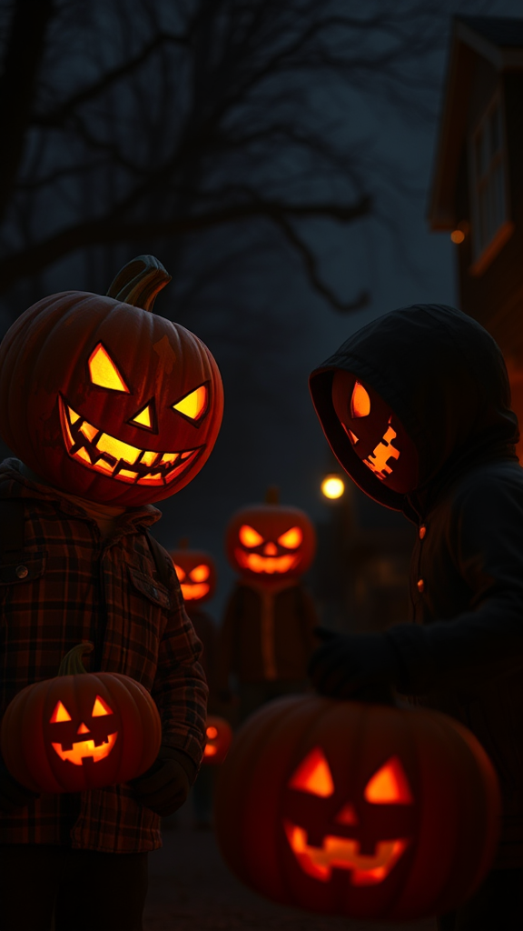 Halloween Night Trick or Treating with Jackolantern Pumpkin Head Kids