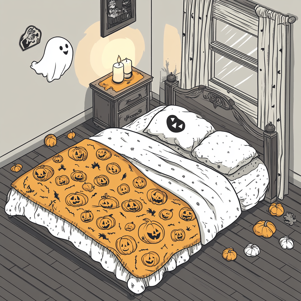 Halloween bedroom with pumpkin blanket, candle, friendly ghost, black.