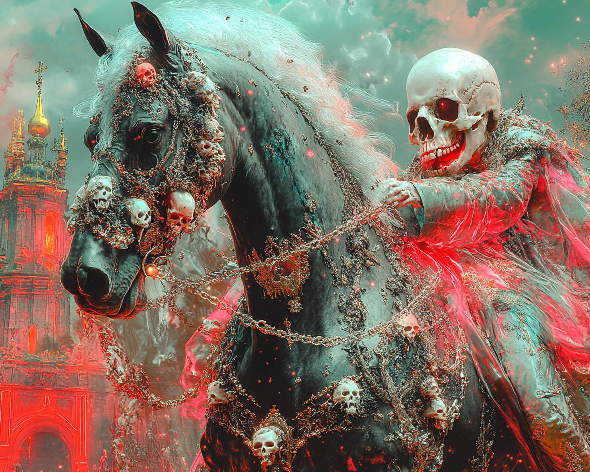 Halloween black horse with skulls moving towards you