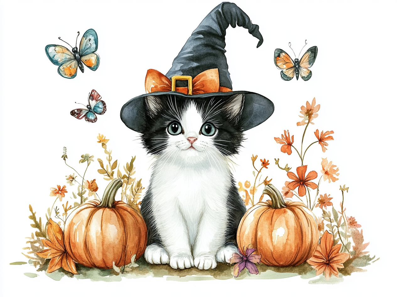 Halloween clipart of cute kitten in witch hat.