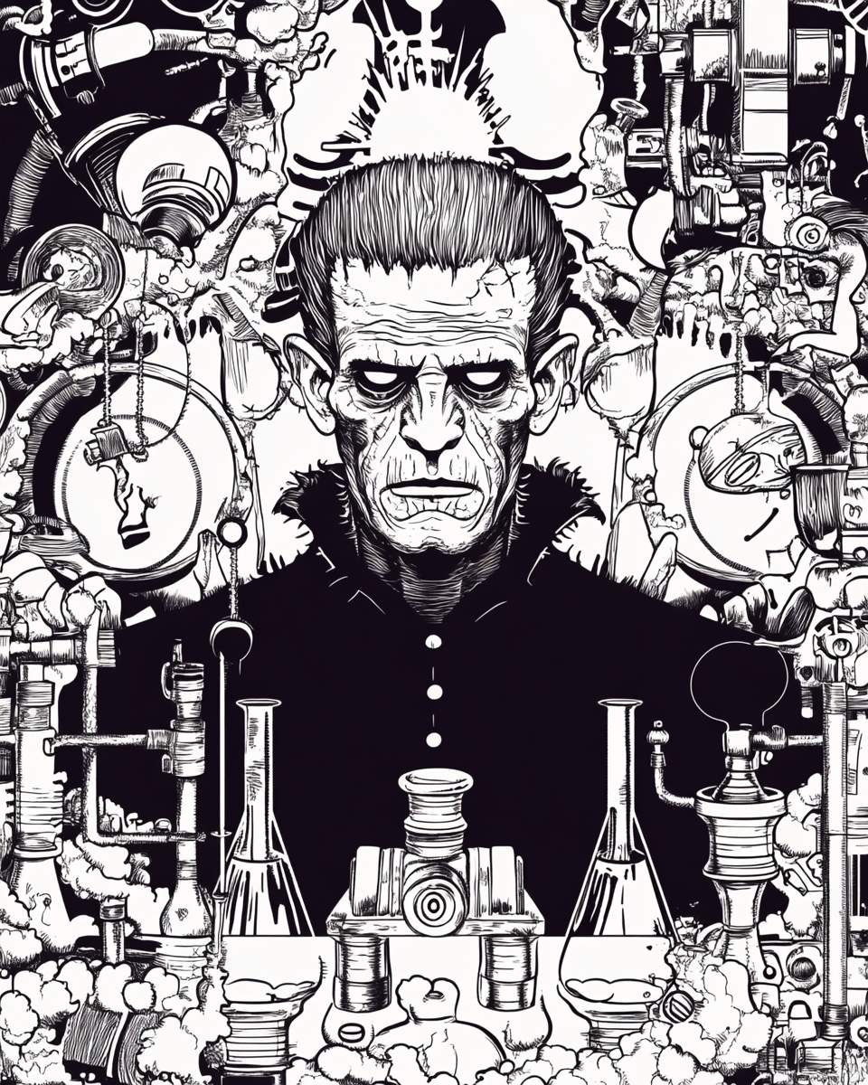 Halloween coloring page: Frankenstein in mad scientist's lab.