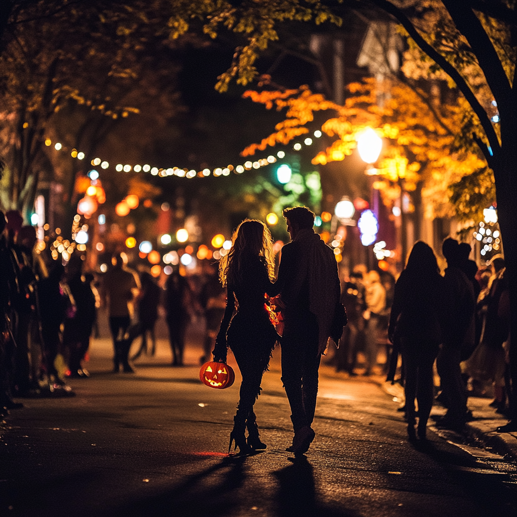 Halloween night: couple in costumes amid festive chaos