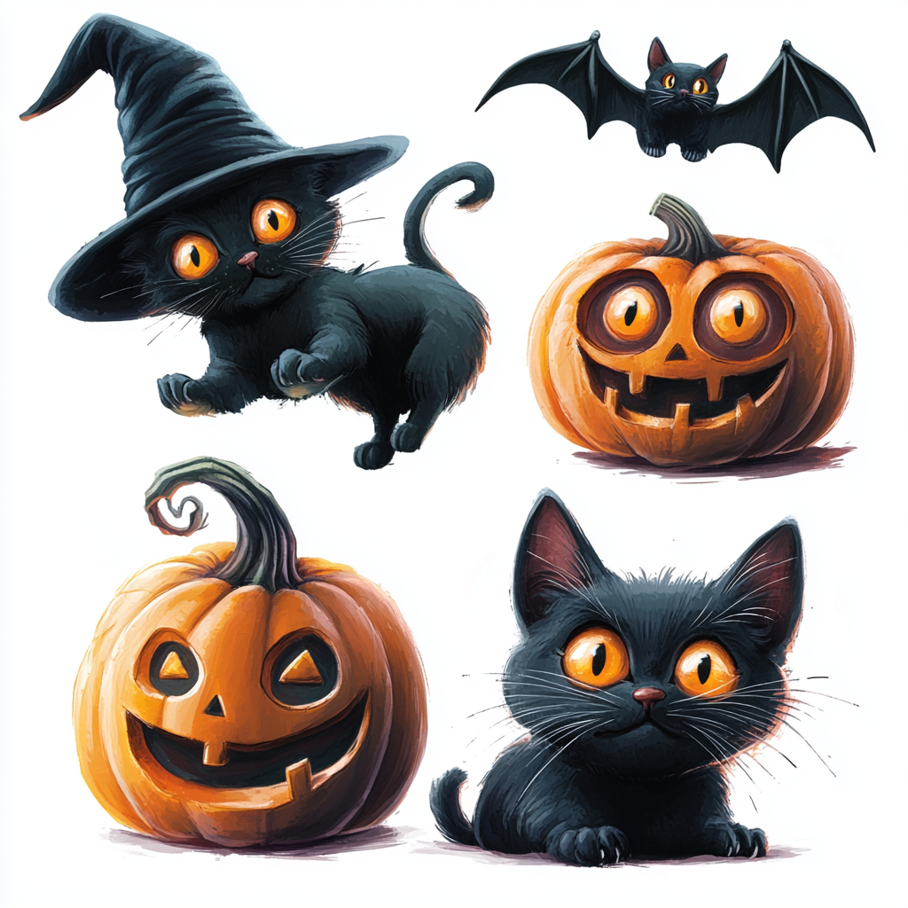 Halloween objects: pumpkin, cat, hat, bat, background.