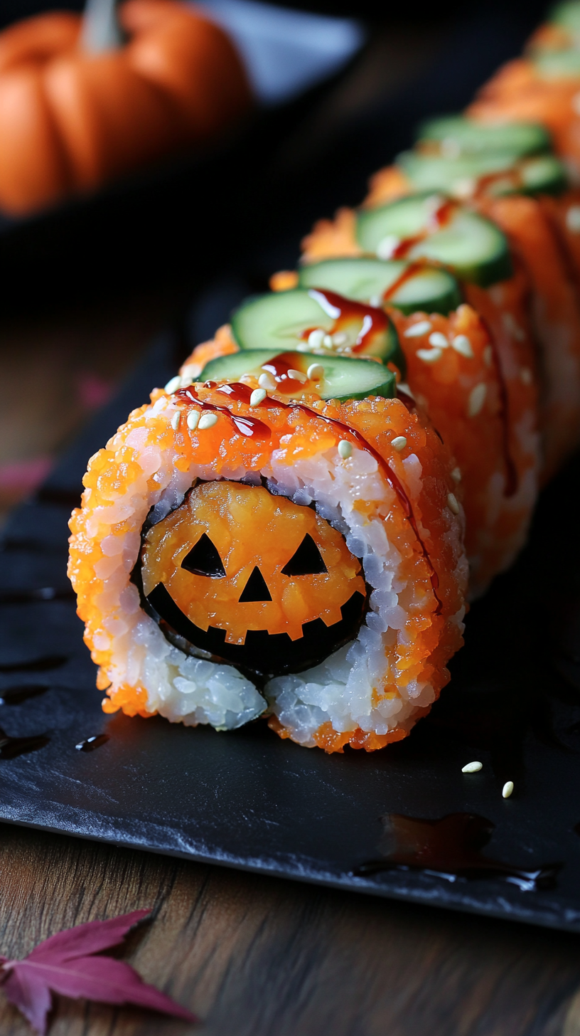 Halloween pumpkin sushi roll with spooky face.