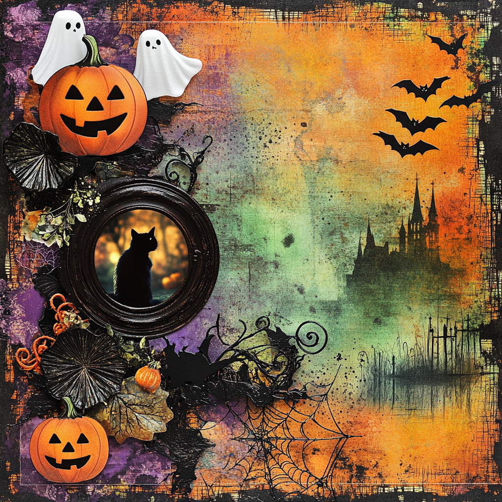 Halloween scrapbook with spooky elements and playful colors.