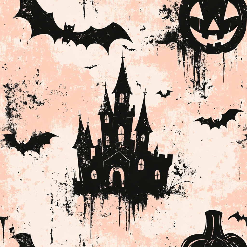 Halloween themed pastel pattern with bats, pumpkins & ghosts