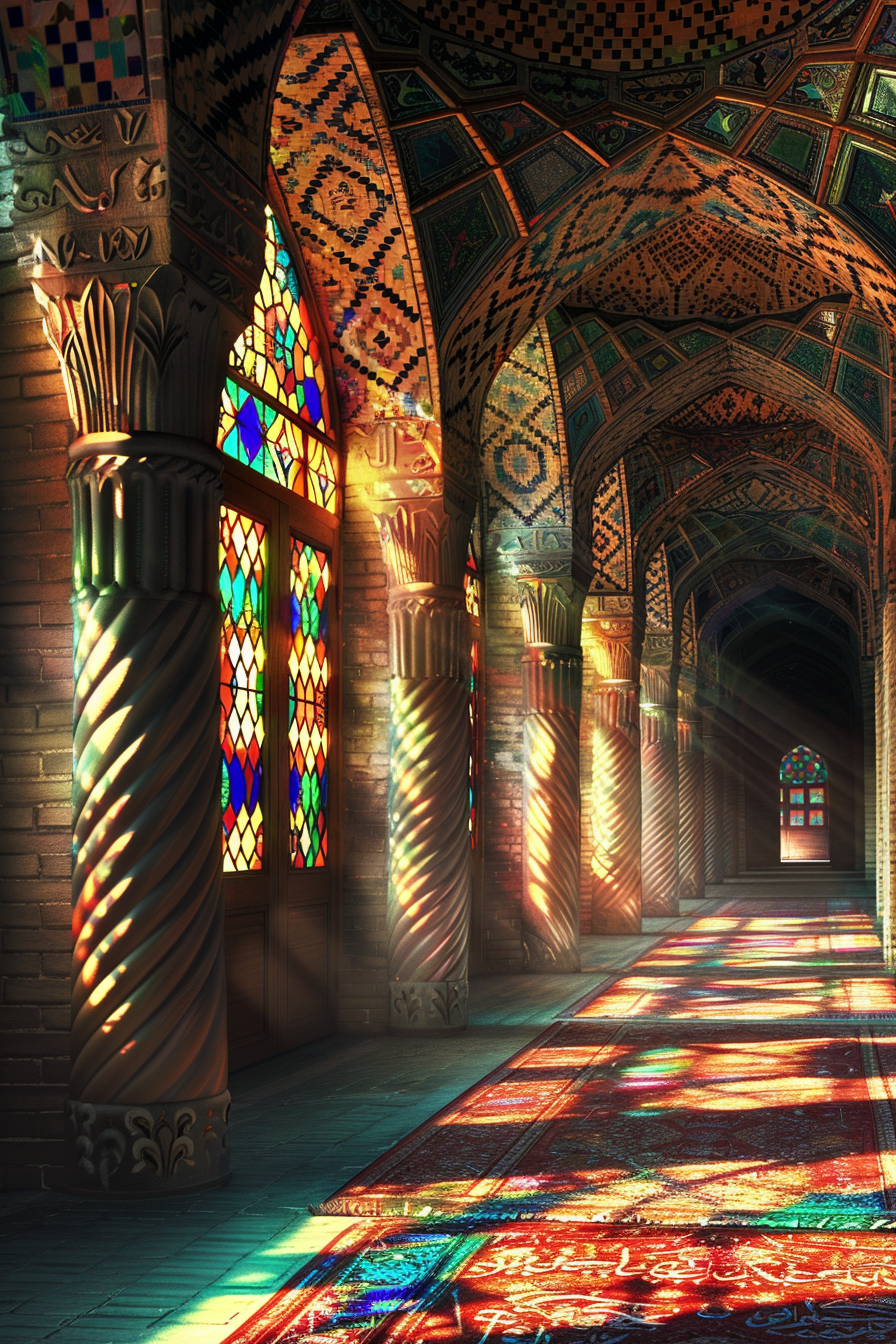 Hallway inside historical Iranian mosque with colorful stained-glass windows.