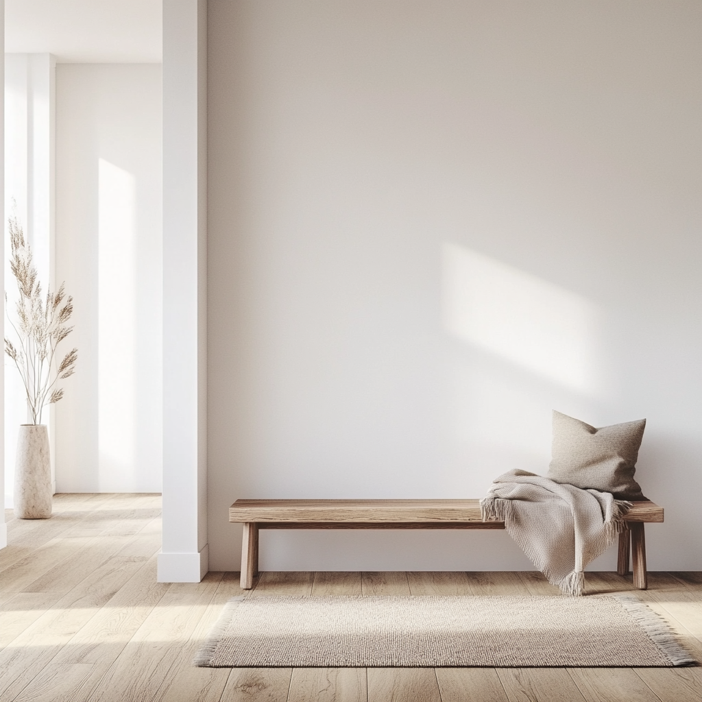 Hallway scene with large white wall, wooden bench, rug.