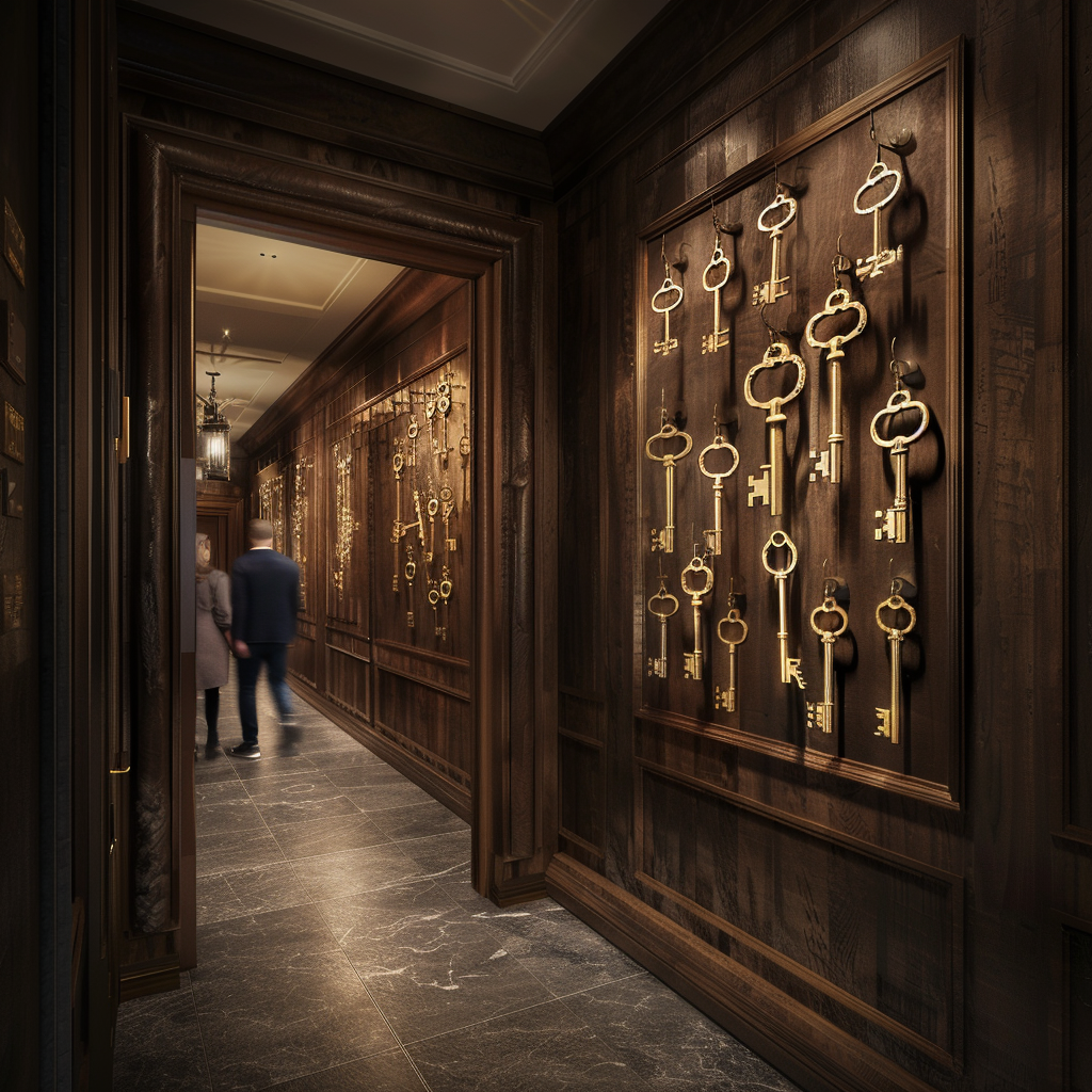 Hallway with vintage brass hotel keys, people walking by. Luxurious interior design with warm tones.