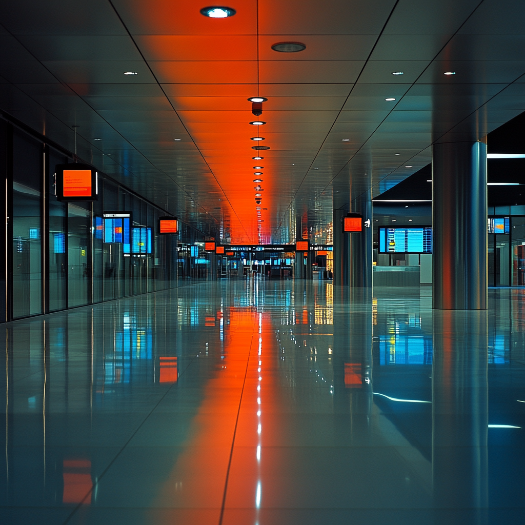 Hamburg Airport, neon lights reflect on shiny architecture.