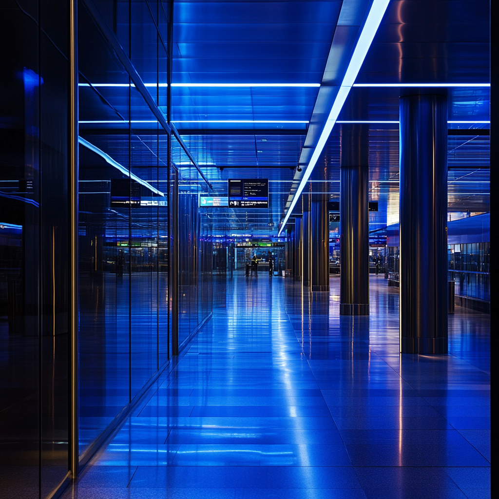 Hamburg Airport with drones, neon lights, and security patrols.